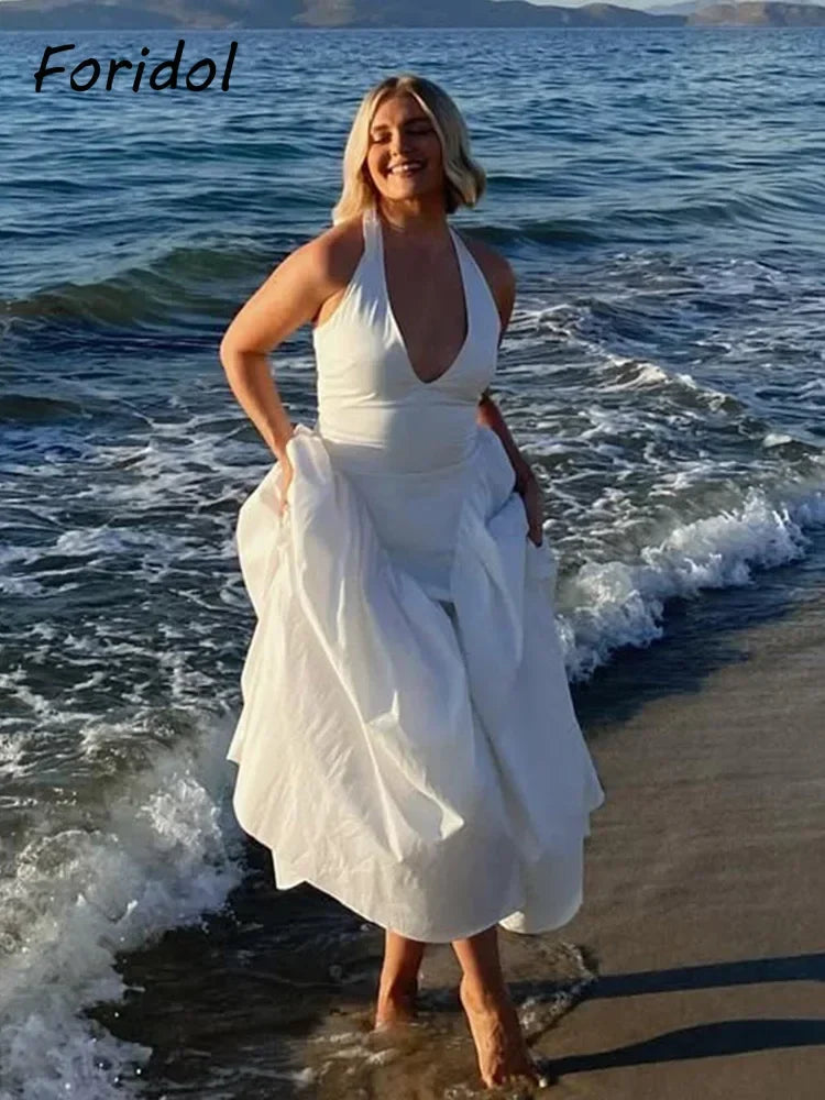 Foridol Summer Spring White Cotton Women's Dress Backless Halter Midi Party Dresses Elegant Vinatge A-line Vestidos 2025 New In by Ladyez