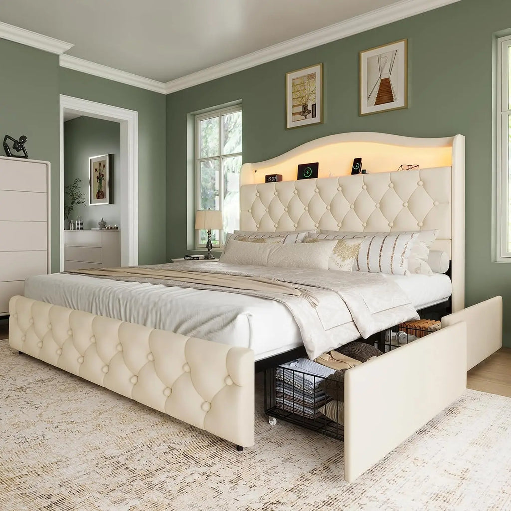 Queen Size Bed Frame and Headboard & 4 Storage Drawers, Upholstered Platform Bed Frame with RGB LED Lights &, Customized by FLIPSTYLEZLLC