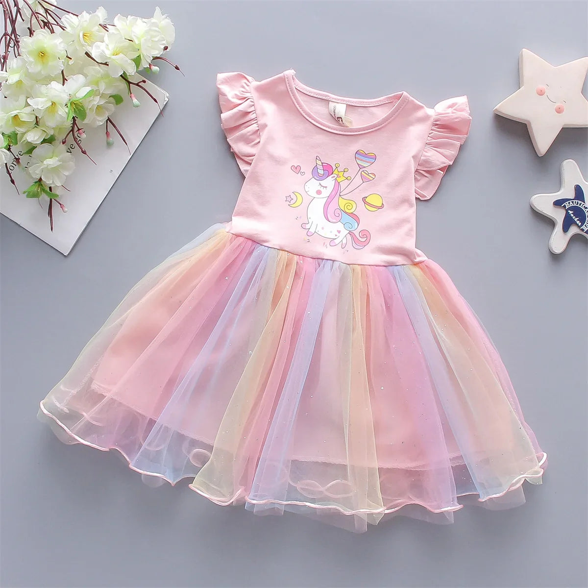 A Cute Girl'S Dress From 0 To 3 Years Old In Summer Sleeveless Love Trojan Horse Print Patchwork Rainbow Mesh Daily Casual Dress by Urban Fashion Icon