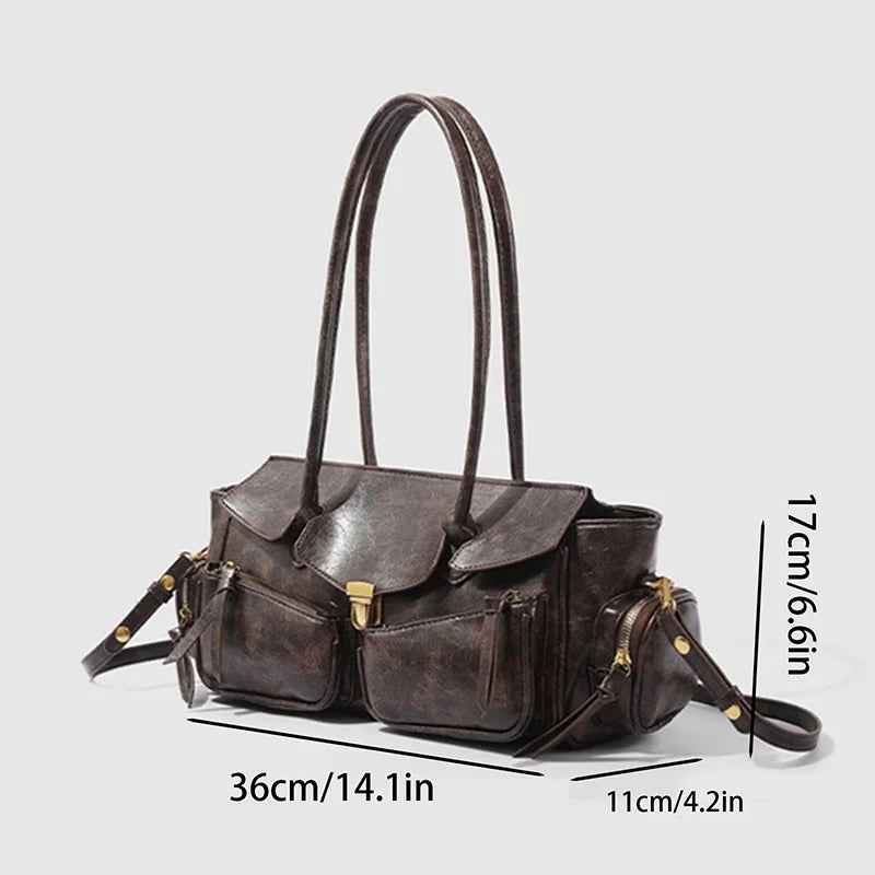 Vintage Underarm Bag For Girl Versatile Handbag Multi-pocket Motorcycle Bag Luxury Designer Handbag Spaghetti Strap Leather Bag by Itsokies Travel Store