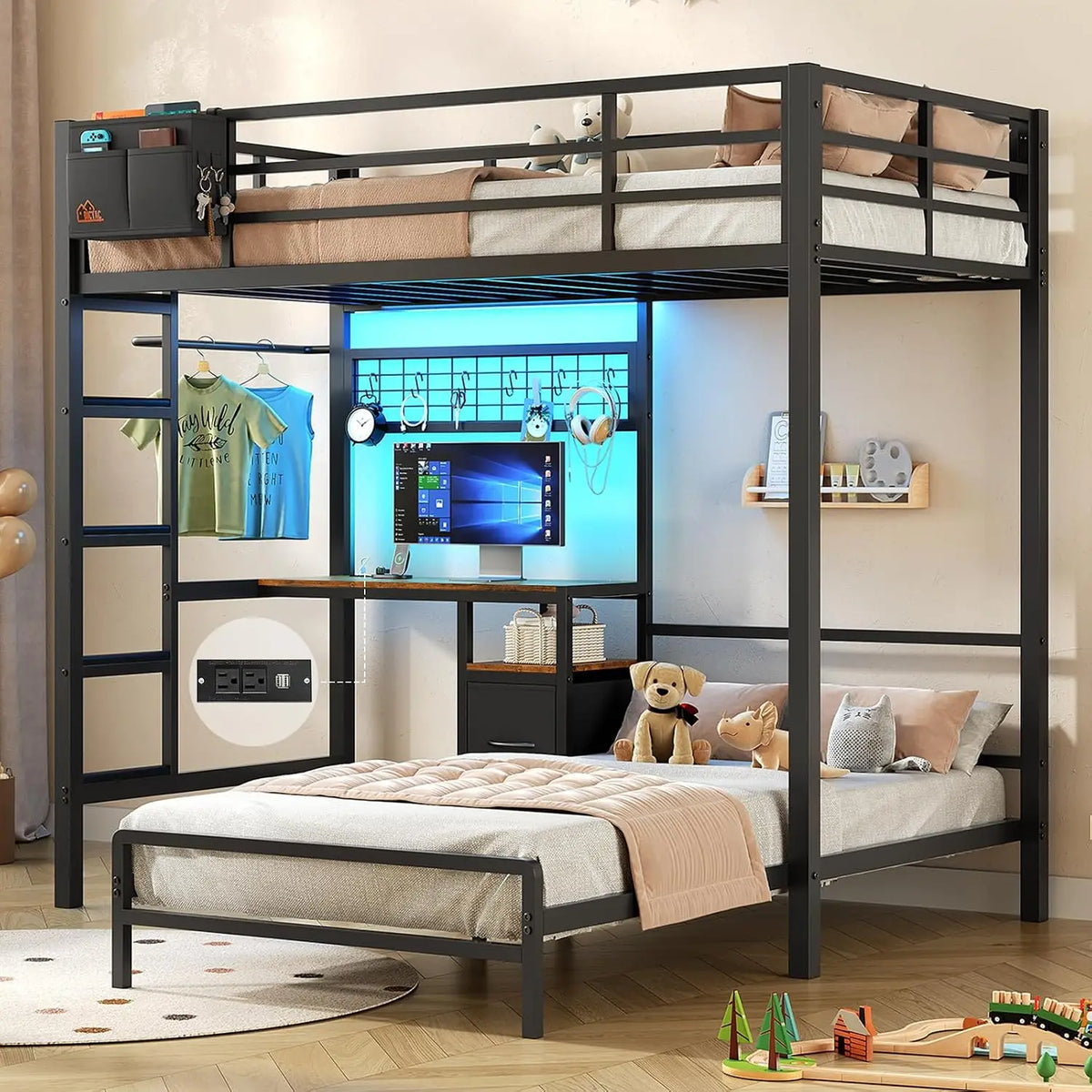 Twin Over Twin Bunk Bed,Built-in Desk & Charging Station & LED Lights with Storage Drawers,Bedroom Furniture, Custom by FLIPSTYLEZLLC