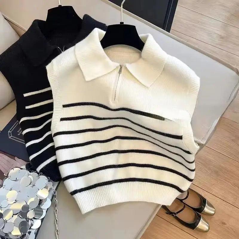 Korean Retro Lapel Zipper Stripe Knitted Vest Women Autumn Winter Sleeveless Sweater Casual 100% Polyester Pullover Outerwear by Urban Fashion Icon