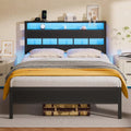 Full Bed Frame & Wood Storage Headboard,LED Light & Charging Station,2-Tier Shelves,Metal Platform,Bedroom,Full, Custom by FLIPSTYLEZLLC
