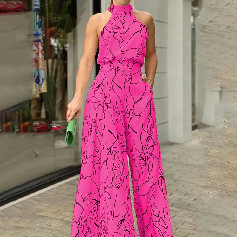 Elegant Printed Halter Neck Leace-Up Jumpsuit Women Sleeveless Fashion High Waist Wide Leg Jumpsuits Casual Streetwear New by Wild and Free Boutique