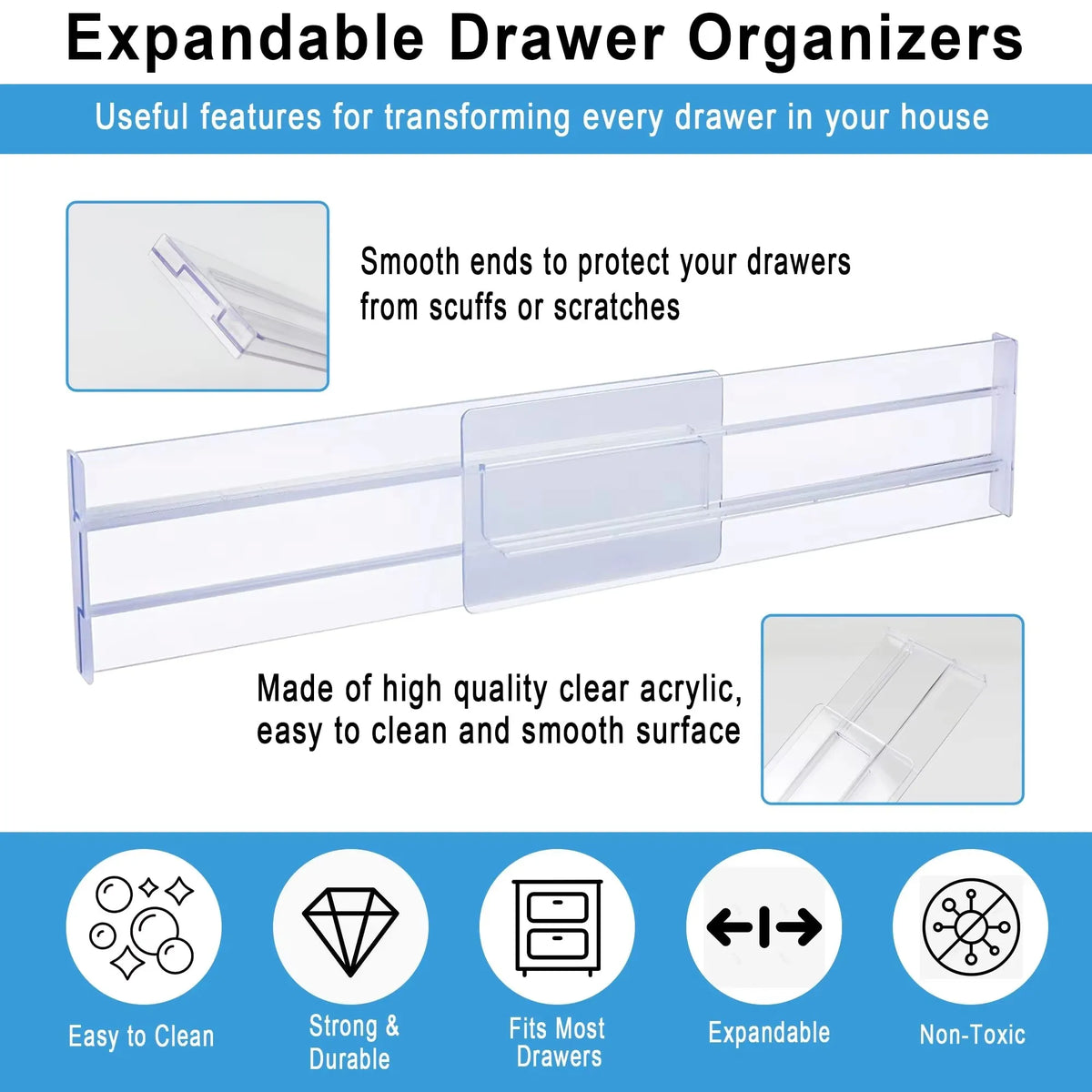 1/2/4/6/8PCS Drawer Wardrobe Dividers Organizers Expandable From Kitchen Drawer Organizer, Clear Plastic Partition Plate Tools by FLIPSTYLEZLLC
