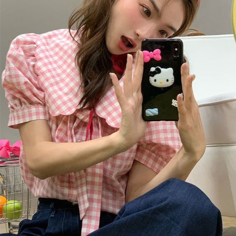 Gingham Peter Pan Collar Shirt by Kore Kawaii
