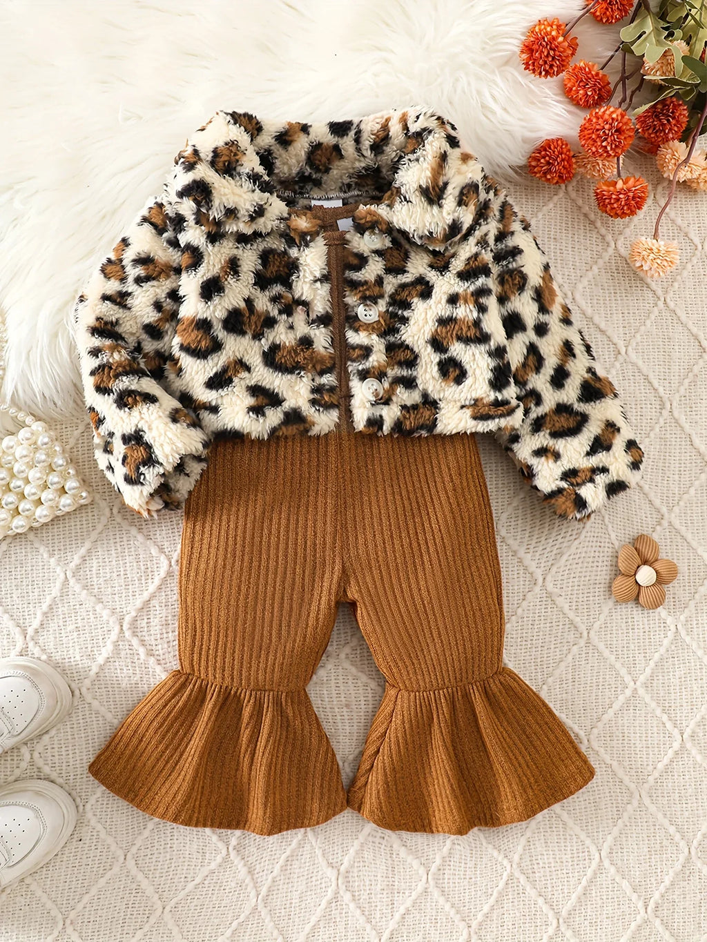 Toddler Baby Girl Leopard Faux Fur Jacket & Corduroy Flared Pants Set by FLIPSTYLEZLLC