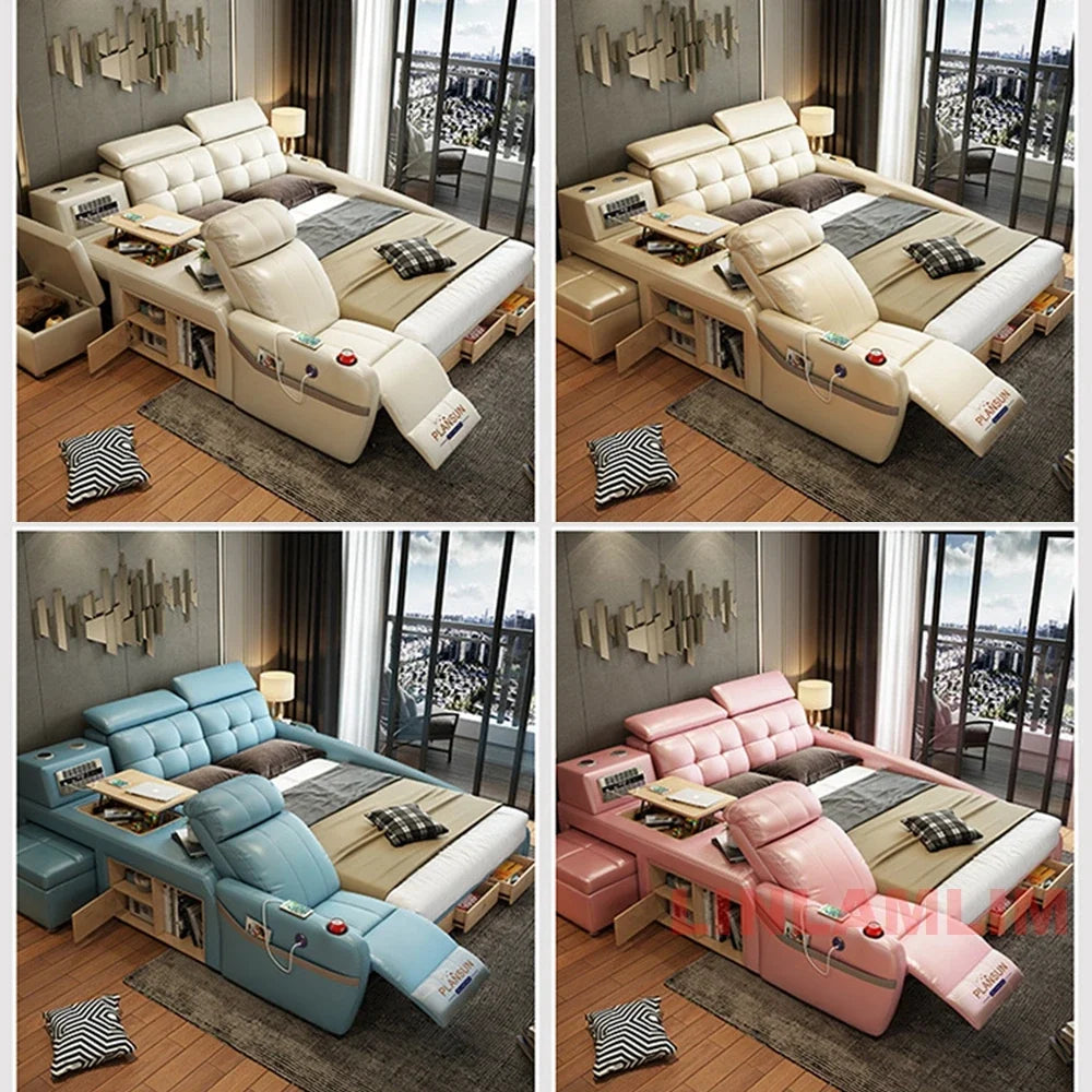 Ultimate Tech Smart Genuine Leather Bed with Massage Chair, Speaker, Air Purifier & USB – Luxury Multifunctional Platform Bed by FLIPSTYLEZLLC