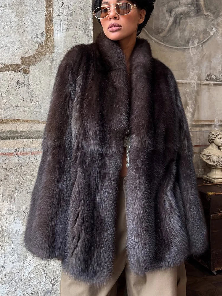 Solid Medium-length Fur Coat Women Elegant Lapel Hidden Button Loose Outerwear 2025 Winter New Office Lady Commute Overcoat by Urban Fashion Icon