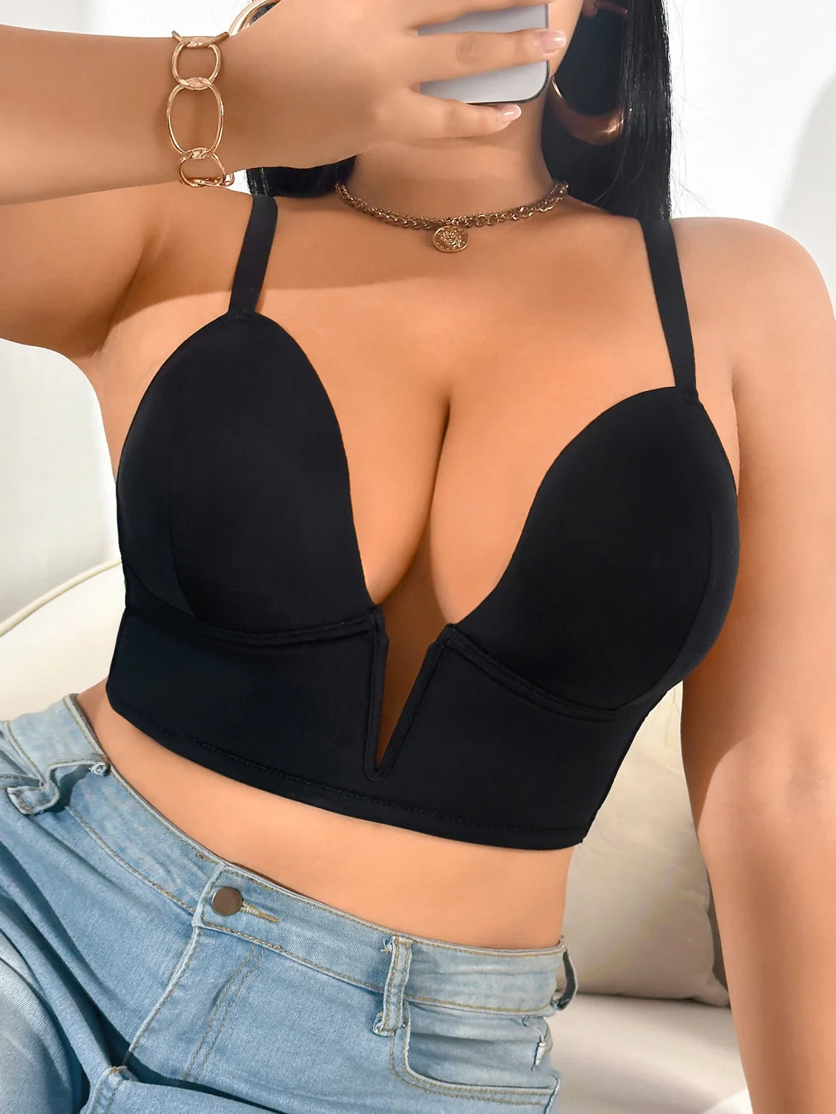 Wide Straps Back Deep V Push Up Bra Comfortable Plus Size Thin cup Minimizer Bralette for Women by Ladyez
