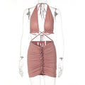 Ruffled Solid Halter Hollow Out Sleeveless Crop Top Pleated Skirts 2 Pieces Set by nowadaysfashion