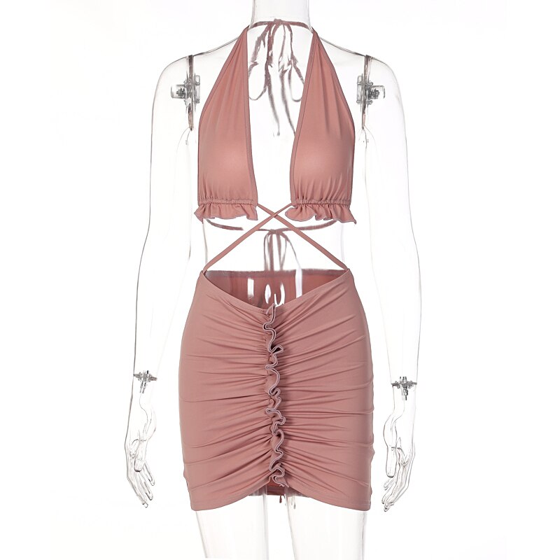 Ruffled Solid Halter Hollow Out Sleeveless Crop Top Pleated Skirts 2 Pieces Set by nowadaysfashion