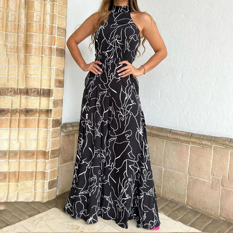 Elegant Printed Halter Neck Leace-Up Jumpsuit Women Sleeveless Fashion High Waist Wide Leg Jumpsuits Casual Streetwear New by Wild and Free Boutique