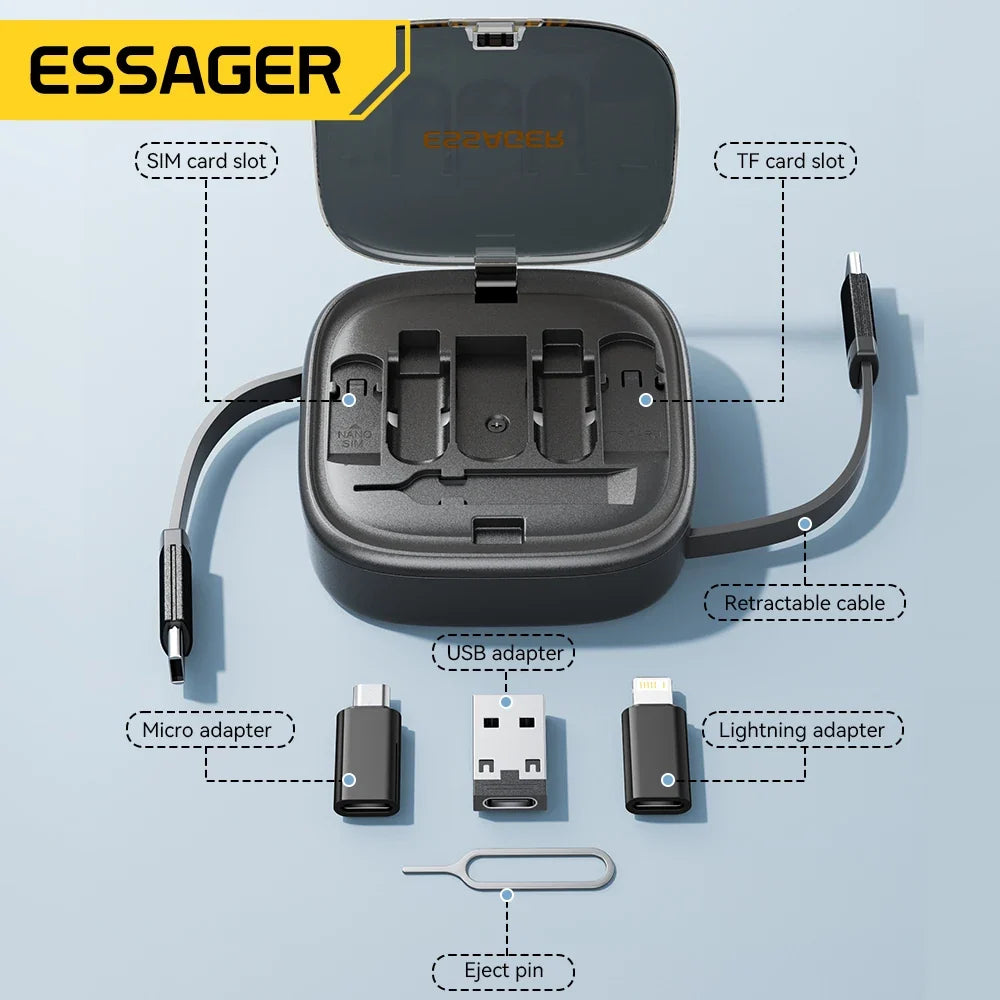 Essager 60W Fast Charge USB A/C To TypeC Micro Lightning Cable Mini Multifunctional Travel Storage Box With Phone Holder Pin Set by FLIPSTYLEZLLC