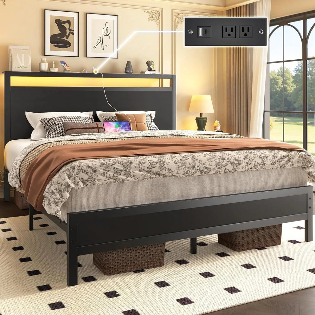 Fluest Queen Bed Frame with Headboard & Footboard, Bed Frame with Built-in Charging Station LED Light, Storage Shelf，Customized by FLIPSTYLEZLLC