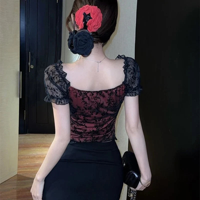 Blouses Women Lace Sexy Slim Tops Hot Girls Summer Stylish Short Puff Sleeve Seductive Backless Slash Neck Mesh Aesthetic Chic by Urban Fashion Icon