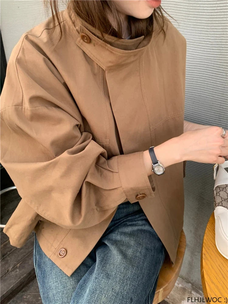 Korea Short Outerwear Woman Casual Loose Lazy Chic Long Sleeve Cotton Blends Windbreaker Coats Thin Thench by Urban Fashion Icon
