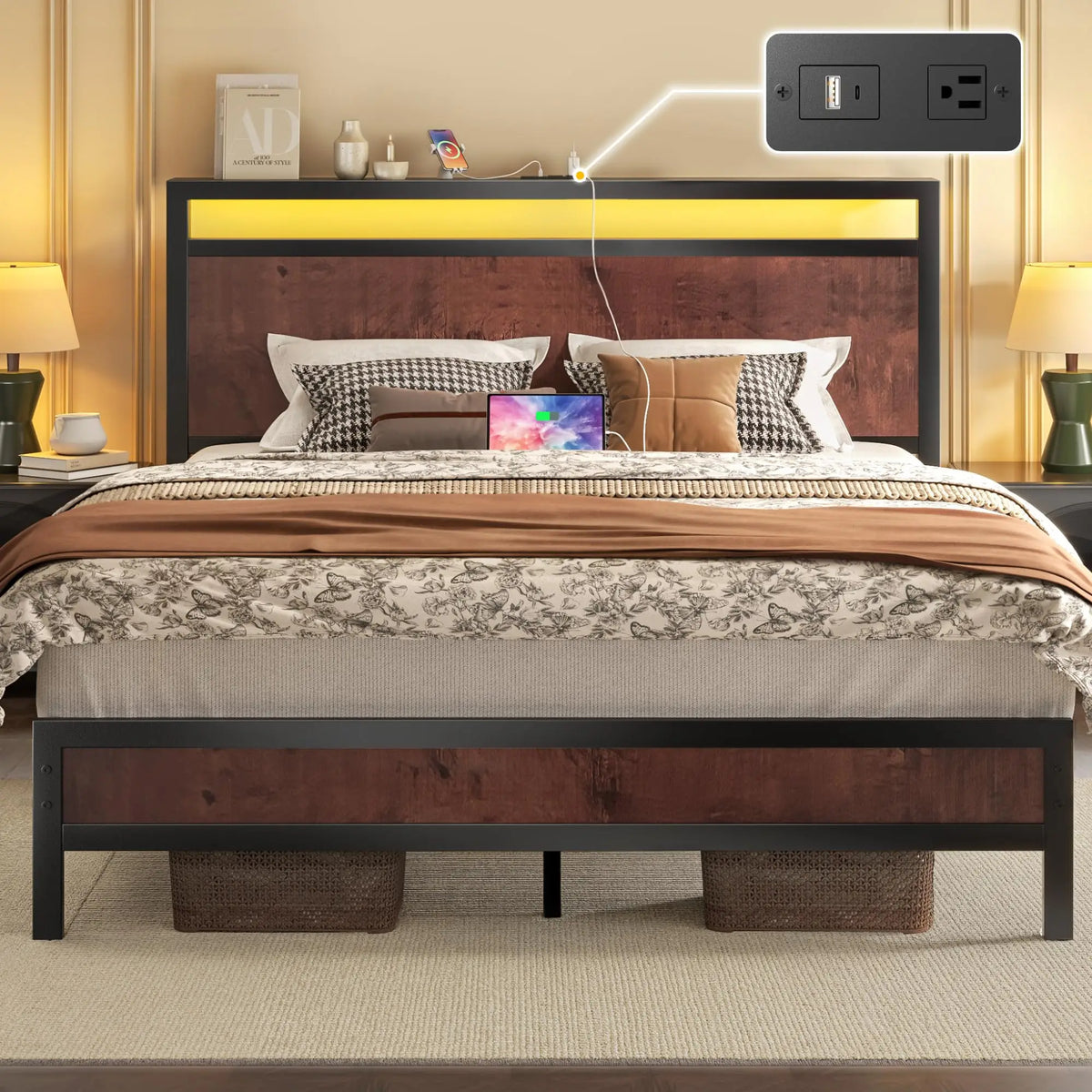 Fluest Queen Bed Frame with Headboard & Footboard, Bed Frame with Built-in Charging Station LED Light, Storage Shelf，Customized by FLIPSTYLEZLLC