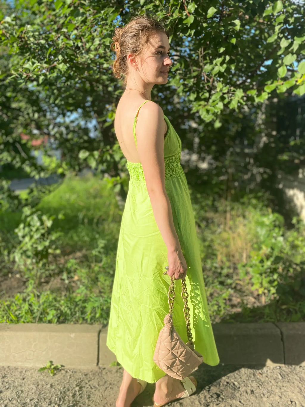 Foridol Elastic Smocking Green Cotton V Neck Summer Women's Dress Sleevless Long Green Maxi Casual Strapy Dress Solid Female by Ladyez