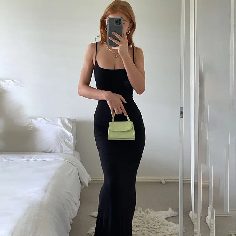 Spaghetti Strap Black Long Sleeveless Skinny Bodycon Dress Y2k by nowadaysfashion