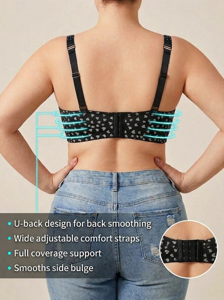 Plus Size B C D Thin Cup Women's Bra Wide Straps Push up Bra Stylish Heart & Rhinestone Comfy Side Bulge Control Underwire Bra by Ladyez