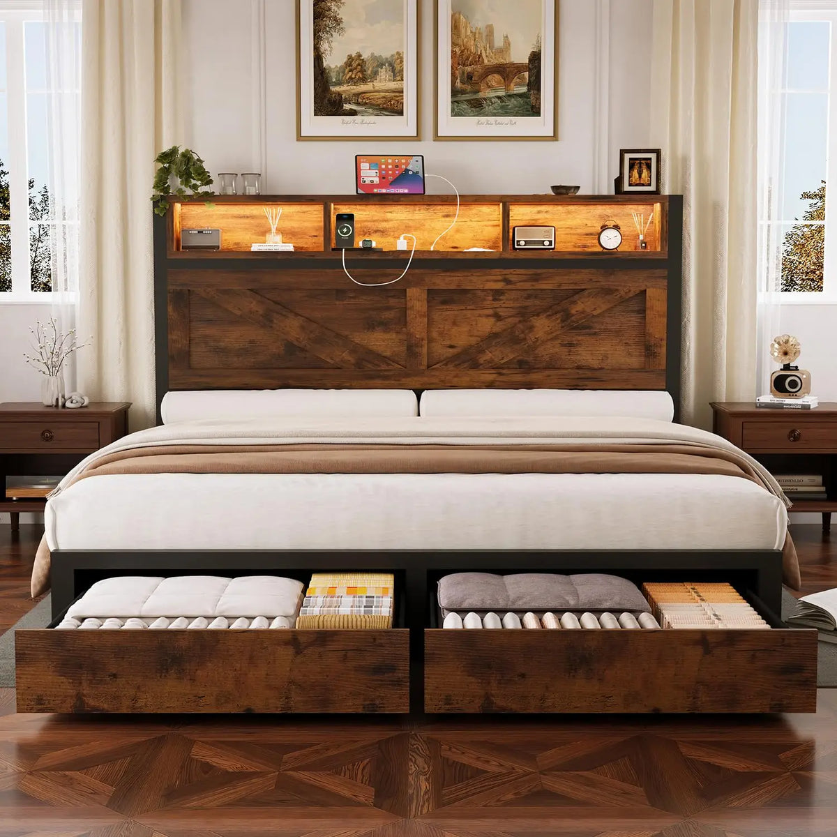 Farmhouse Queen Bed Frame & Bookcase Headboard,Charging Station & LED Light,2 Storage Drawers,Platform,Bedroom,Queen, Custom by FLIPSTYLEZLLC