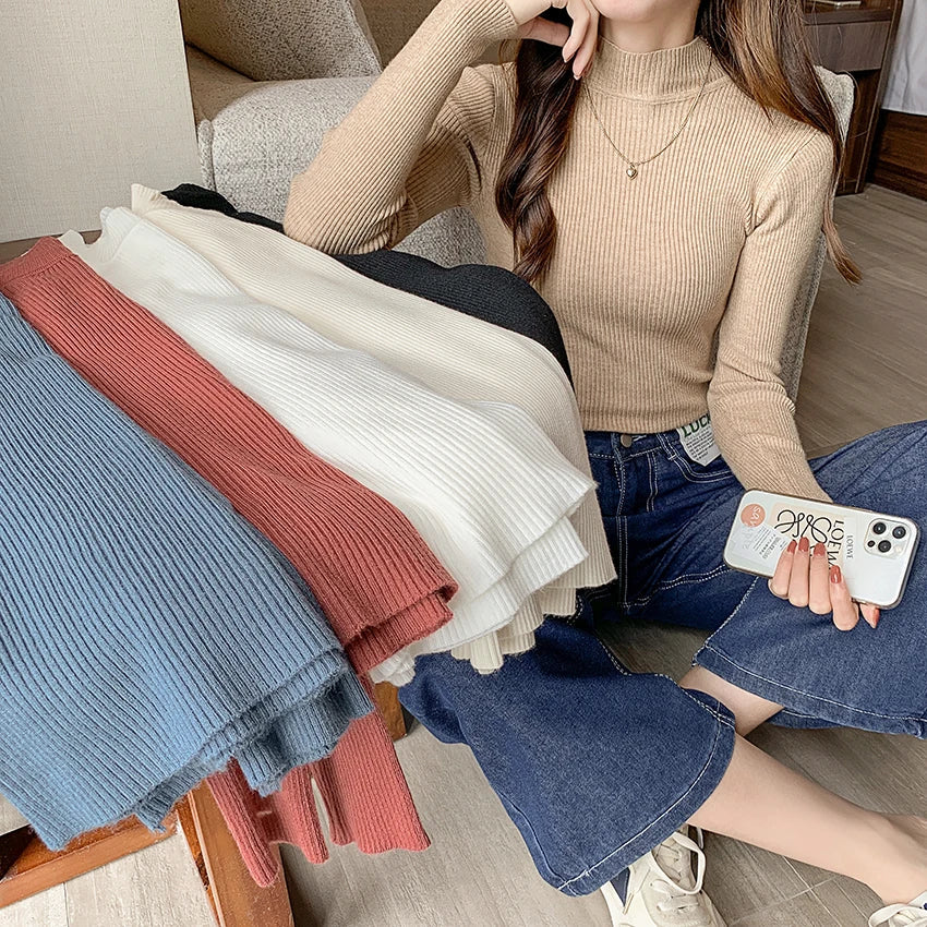 Autumn Winter Mock Neck Women Sweater Vintage Basic Solid Knitted Tops Casual Slim Pullover Korean Sweaters Simple Chic Jumpers by Urban Fashion Icon