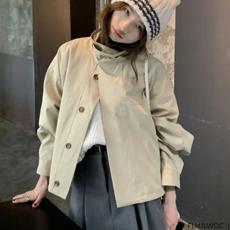 Korea Short Outerwear Woman Casual Loose Lazy Chic Long Sleeve Cotton Blends Windbreaker Coats Thin Thench by Urban Fashion Icon