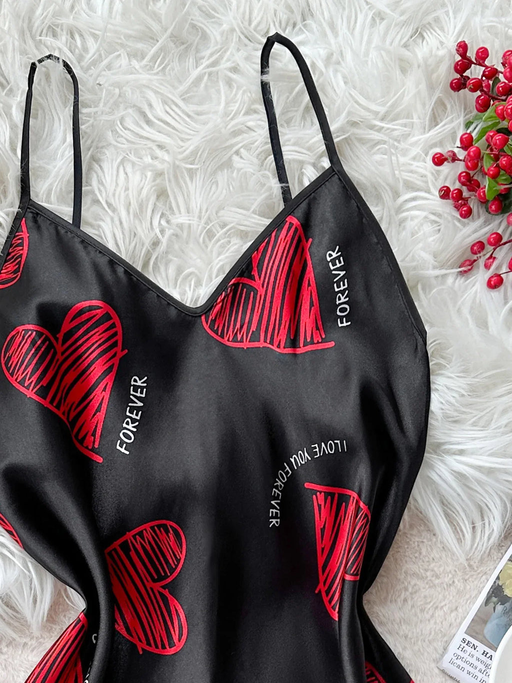 Valentine's Day Red Lip Print Satin Slip Nightdress V Neck Backless Mini Sleep Dress Women's Sleepwear Dresses by Urban Fashion Icon