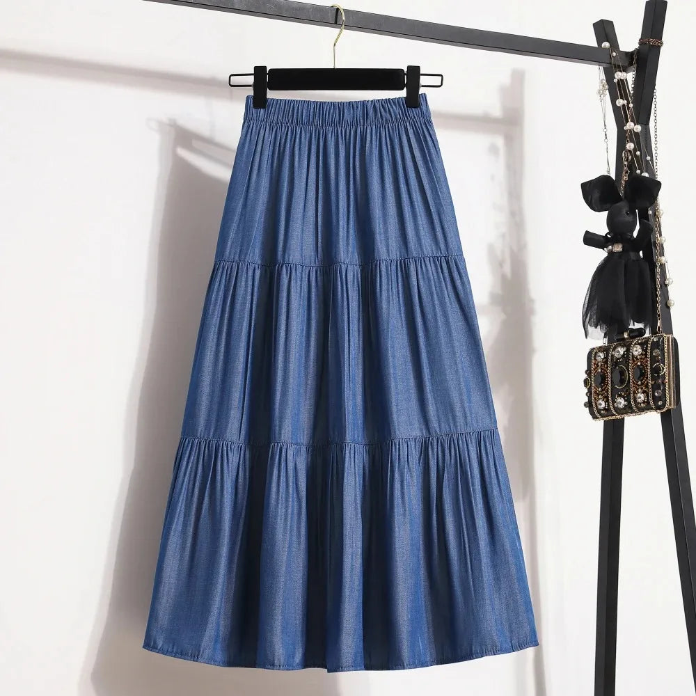 Spring Summer Women Skirts Vintage High Waist Elastic Patchwork White Black Chic Long Cake A-line Skirt by Urban Fashion Icon