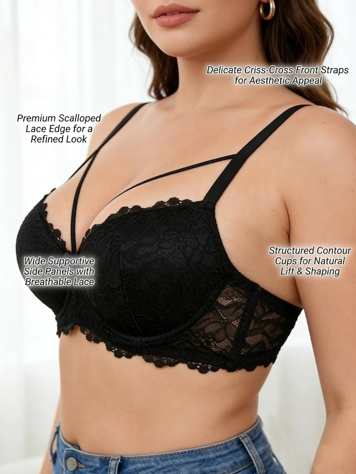 Plus Size Lace Women's Bra Thin Cup Push-up Bra Underwire Side Support Wide Strap Comfortable Bra Women by Ladyez