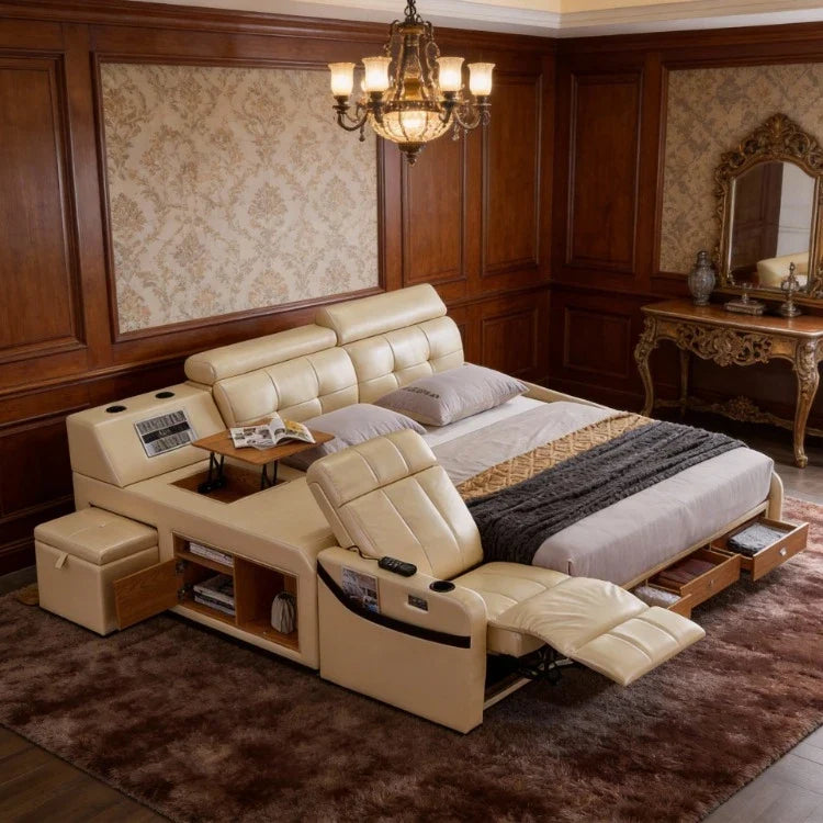 Ultimate Tech Smart Genuine Leather Bed with Massage Chair, Speaker, Air Purifier & USB – Luxury Multifunctional Platform Bed by FLIPSTYLEZLLC