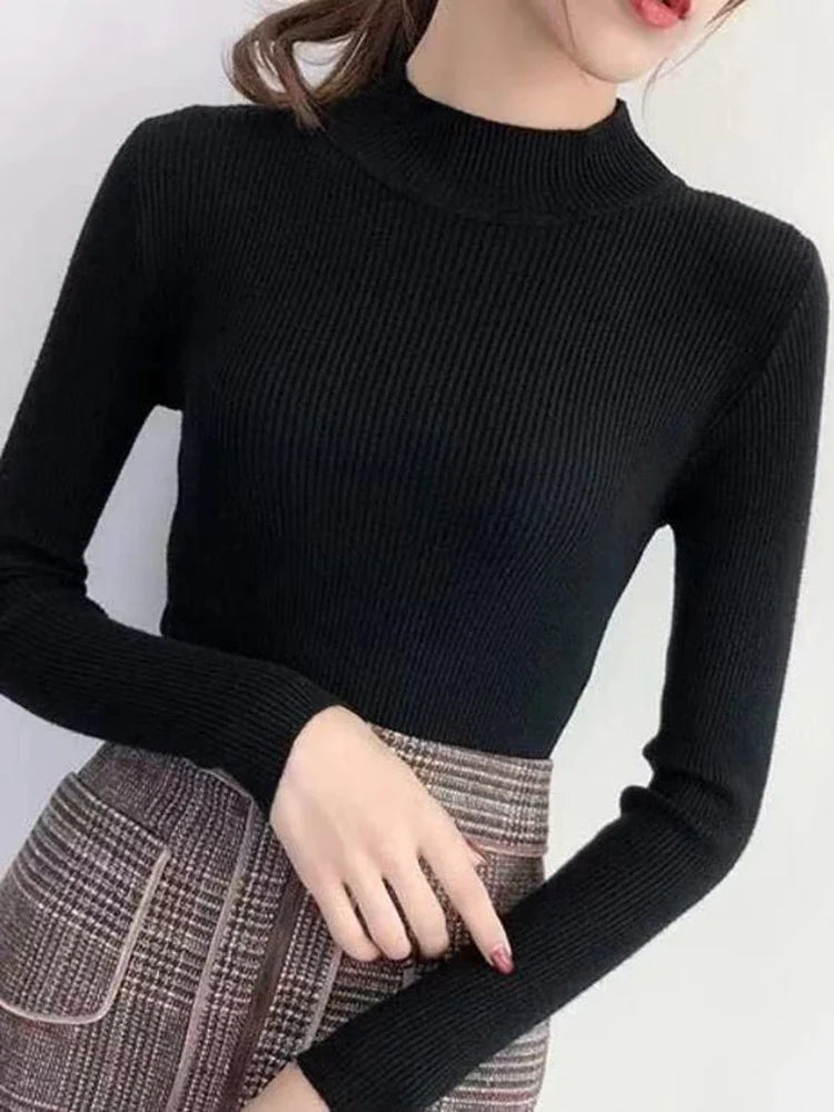 Autumn Winter Mock Neck Women Sweater Vintage Basic Solid Knitted Tops Casual Slim Pullover Korean Sweaters Simple Chic Jumpers by Urban Fashion Icon