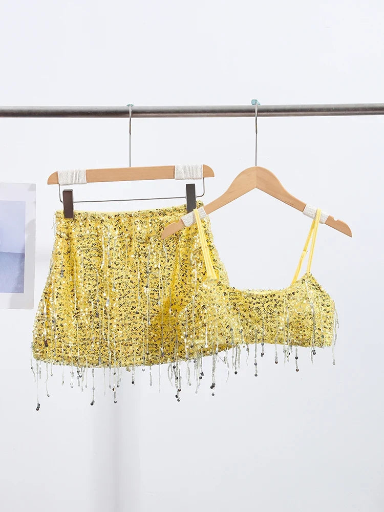 Sexy Tassel Chains Women's Set Elegant Solid Sequins Hip Package Female Party Mini Skirts Summer Holiday Lady Outfit Beachwear by Urban Fashion Icon