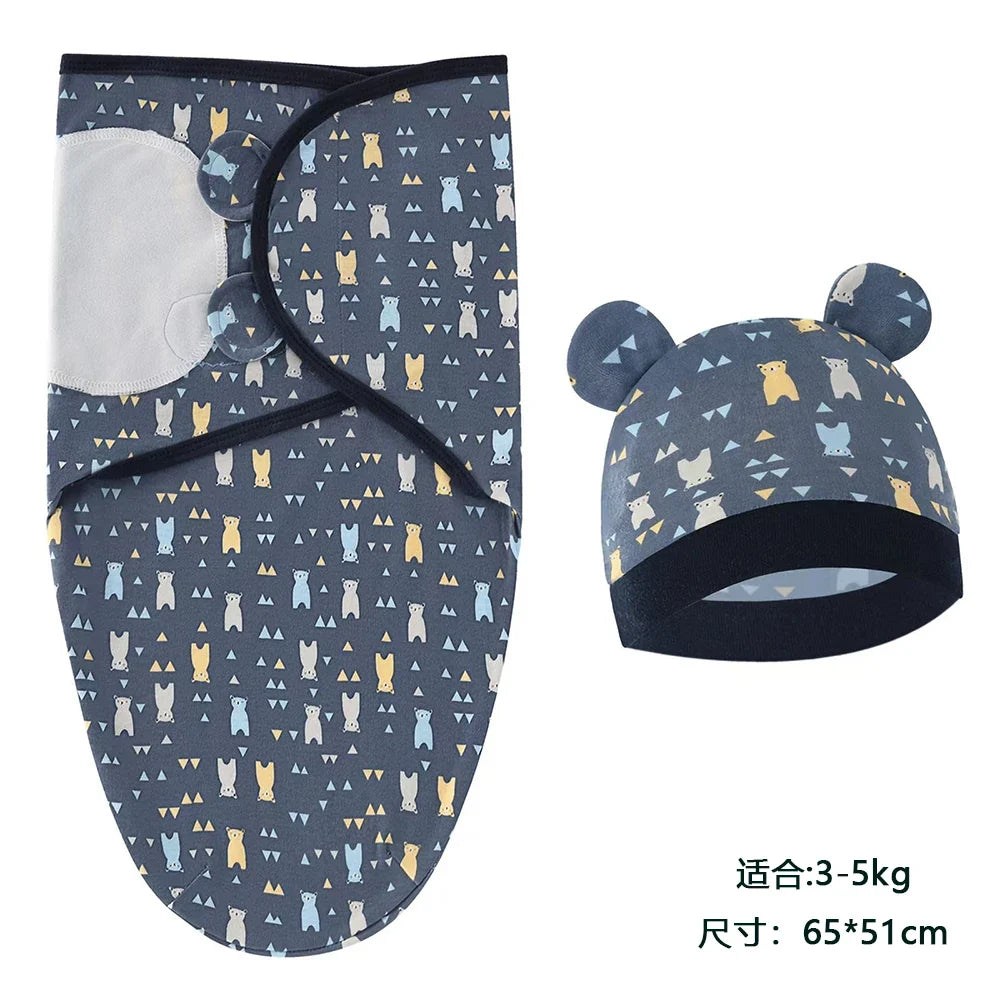 Baby Blanket Hat Set Cartoon Printed Cotton Newborn Swaddle Adjustable Infant Sleeping Swaddle Wraps All Seasons 0-6 Months by FLIPSTYLEZLLC