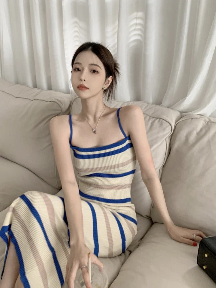 Sleeveless Slim fit Knitted Striped Mid Length Dresses by nowadaysfashion