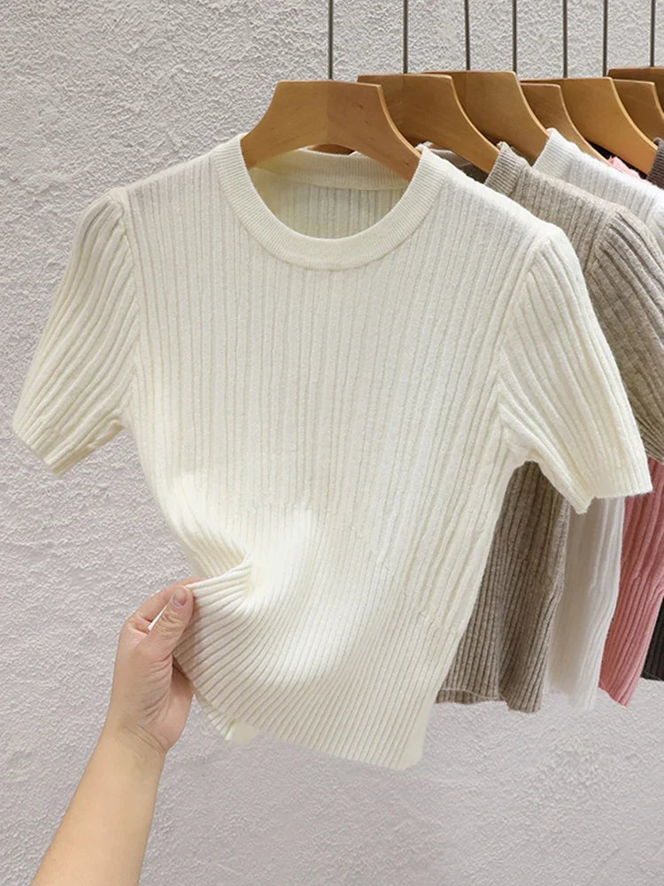 2026 Summer T shirts for Women Casual Female Korean Knit Streetwear Tees Basic Solid Young Cool Tops by Urban Fashion Icon