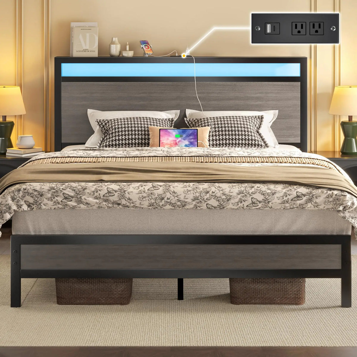 Fluest Queen Bed Frame with Headboard & Footboard, Bed Frame with Built-in Charging Station LED Light, Storage Shelf，Customized by FLIPSTYLEZLLC