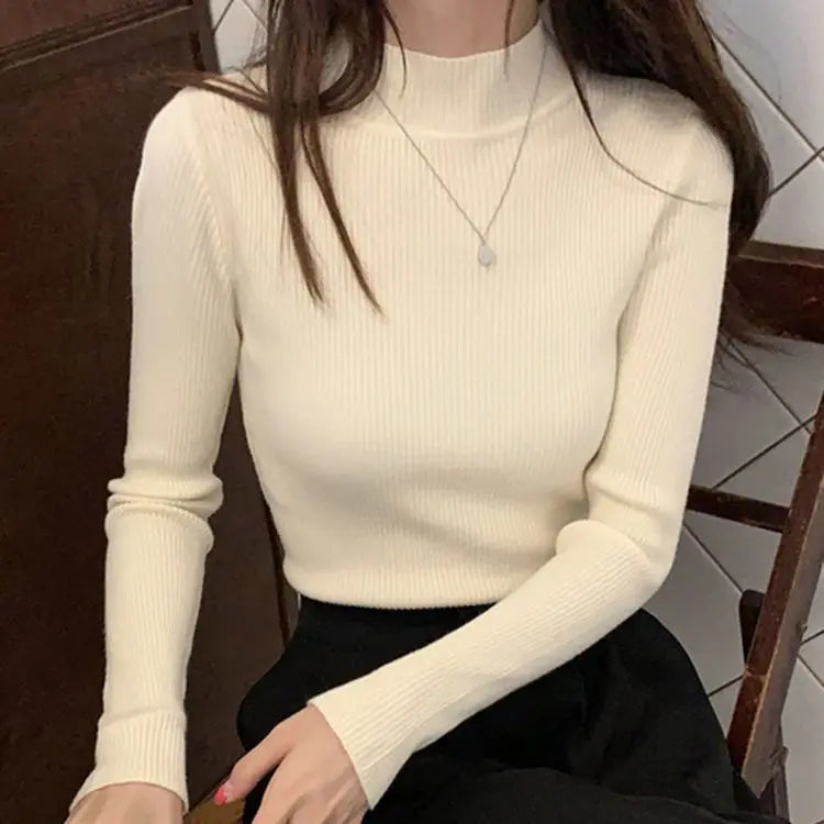 Autumn Winter Mock Neck Women Sweater Vintage Basic Solid Knitted Tops Casual Slim Pullover Korean Sweaters Simple Chic Jumpers by Urban Fashion Icon