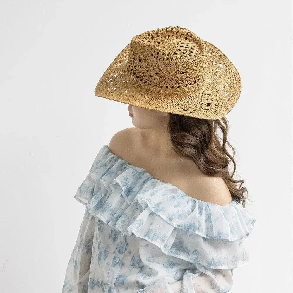 Summer Outdoor Men Women Hand-woven Western Cowboy Straw Hats Wide Brim Breathable Beach Jazz Cap Sun Protection Hat (Copy) by Goddess Imports Marketplace