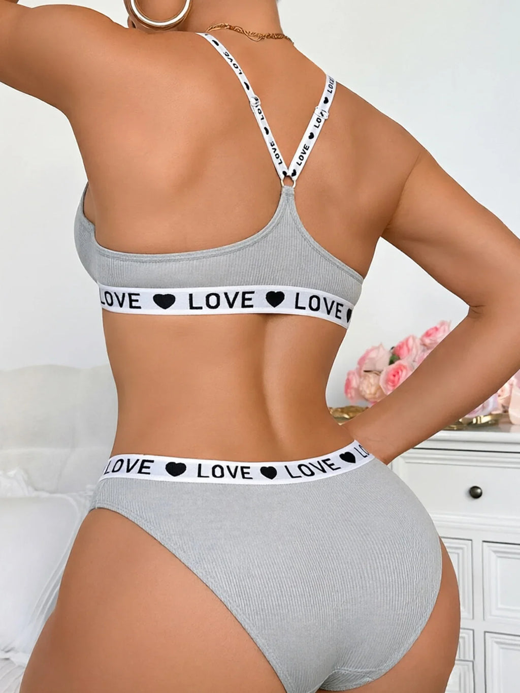 New Ribbed Women's Underwear Set Letter Strap Underwear Front-Clasp Push-Up Bra Comfy Daily Female Bra Set by Ladyez