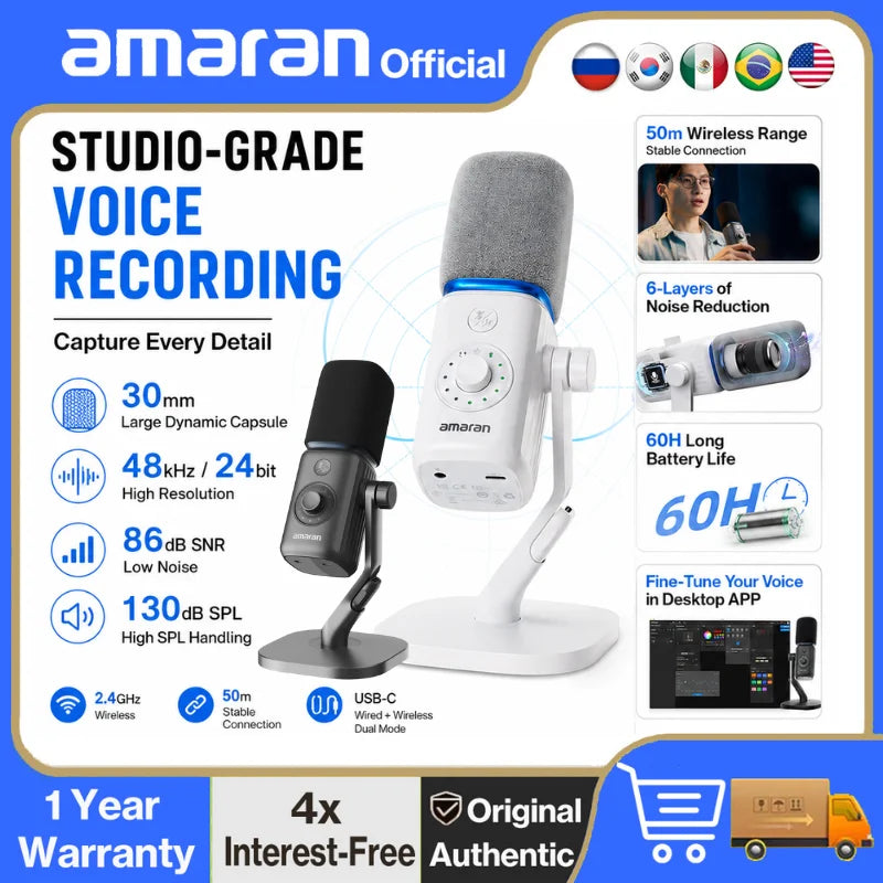 amaran Mic Wireless Desktop Microphone AI Noise Reduction 30mm Capsule 50m Range 60 Hours Battery for Podcasts Livestreams by FLIPSTYLEZLLC