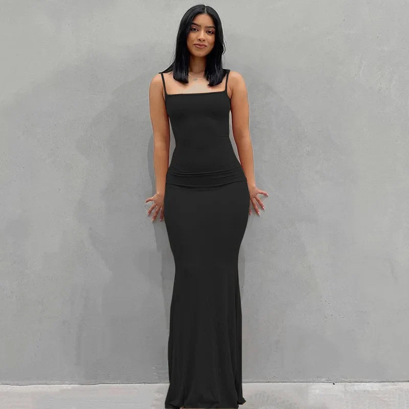 Spaghetti Strap Black Long Sleeveless Skinny Bodycon Dress Y2k by nowadaysfashion