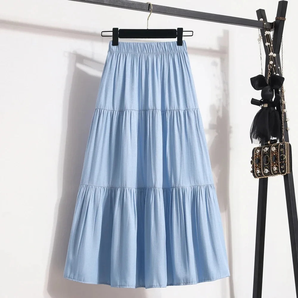 Spring Summer Women Skirts Vintage High Waist Elastic Patchwork White Black Chic Long Cake A-line Skirt by Urban Fashion Icon