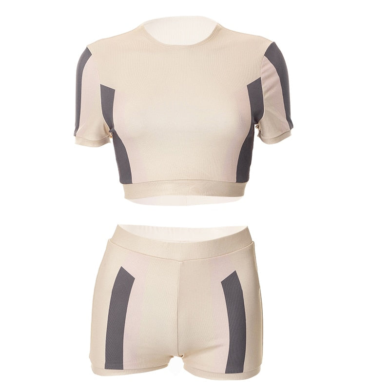 O Neck Short Sleeves Patchwork Crop T Shirt Shorts 2 Pieces Set by nowadaysfashion