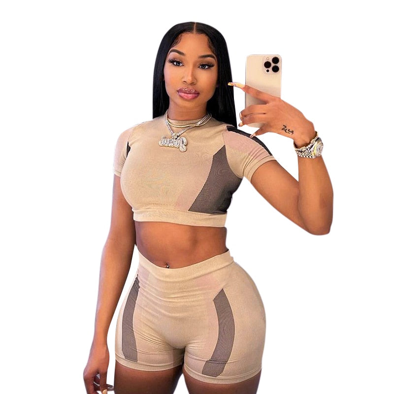 O Neck Short Sleeves Patchwork Crop T Shirt Shorts 2 Pieces Set by nowadaysfashion
