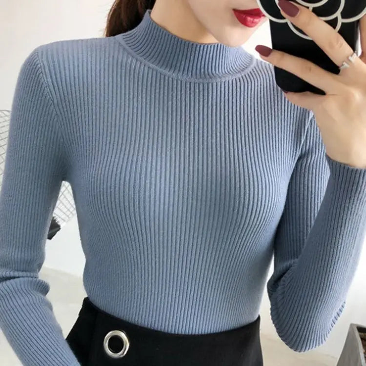 Autumn Winter Mock Neck Women Sweater Vintage Basic Solid Knitted Tops Casual Slim Pullover Korean Sweaters Simple Chic Jumpers by Urban Fashion Icon