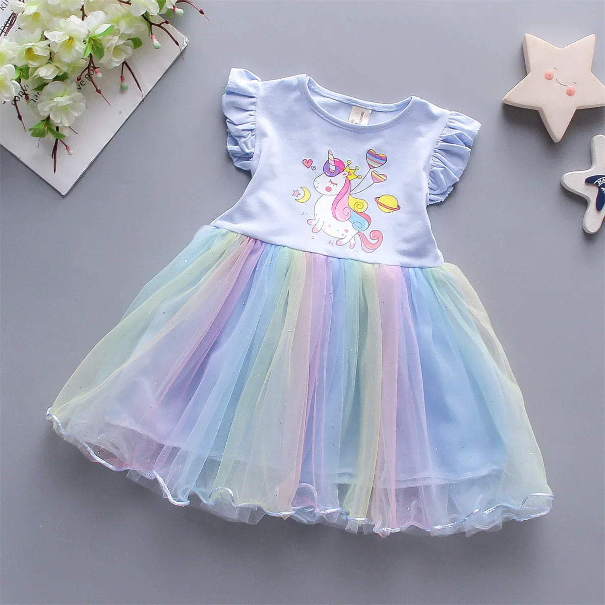 A Cute Girl'S Dress From 0 To 3 Years Old In Summer Sleeveless Love Trojan Horse Print Patchwork Rainbow Mesh Daily Casual Dress by Urban Fashion Icon