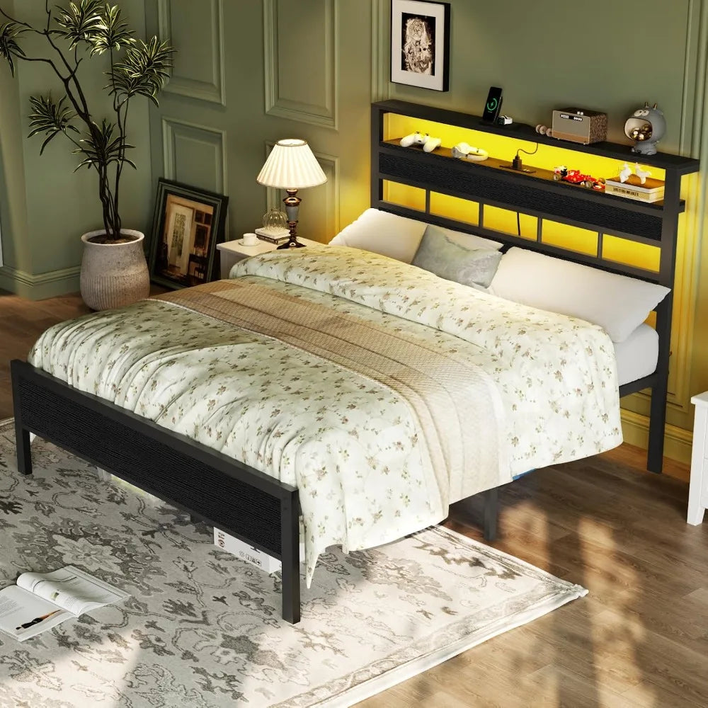 Full Bed Frame & Wood Storage Headboard,LED Light & Charging Station,2-Tier Shelves,Metal Platform,Bedroom,Full, Custom by FLIPSTYLEZLLC