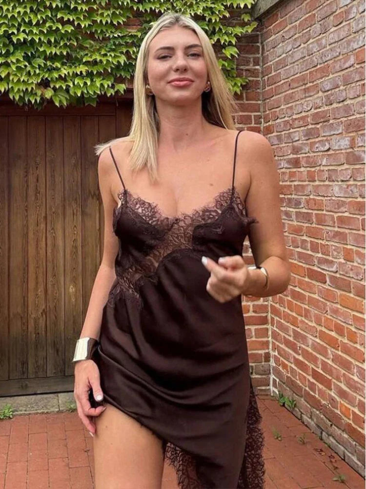Satin Sexy Lace Spliced Short Sling Dress Women Sleeveless Backless Asymmetric Sexy Party Dresses 2026 Summer Lady Dress by Urban Fashion Icon